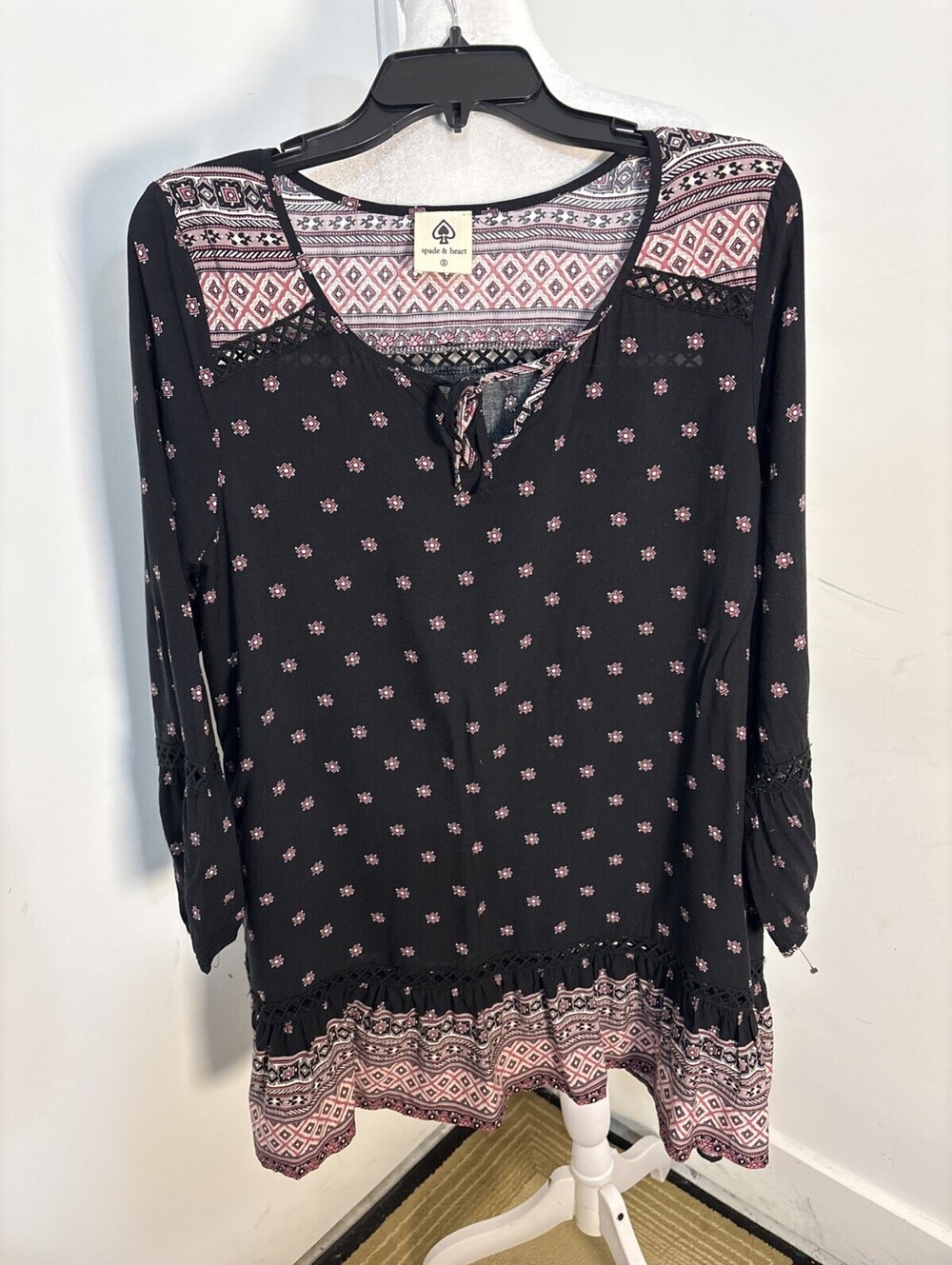 Spade & Heart Boho Tunic Top Black Pink Geometric Floral Peasant Blouse Small
